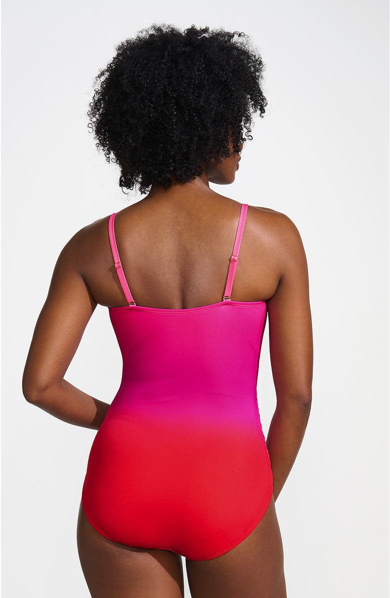 Lands' End Slender Suit Shine Bandeau Tummy Control Chlorine Resistant High Leg One Piece Swimsuit, Alternate, color, Pink Multi Ombre