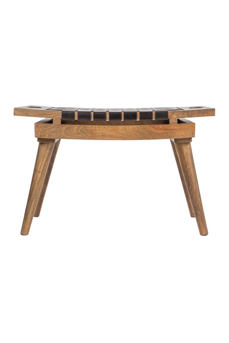Mango Wood Stool with Woven Leather Top, Black and Natural, Alternate, color, Black