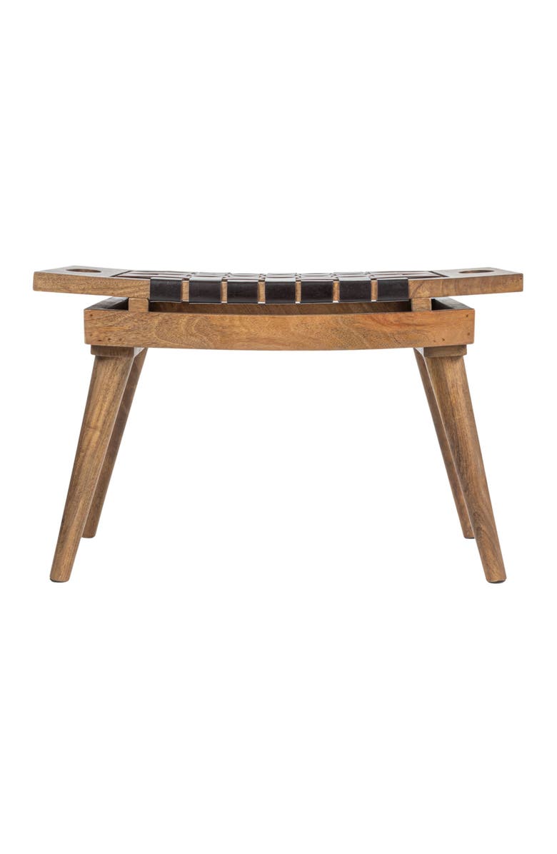 Storied Home Mango Wood Stool with Woven Leather Top, Black and Natural, Alternate, color,