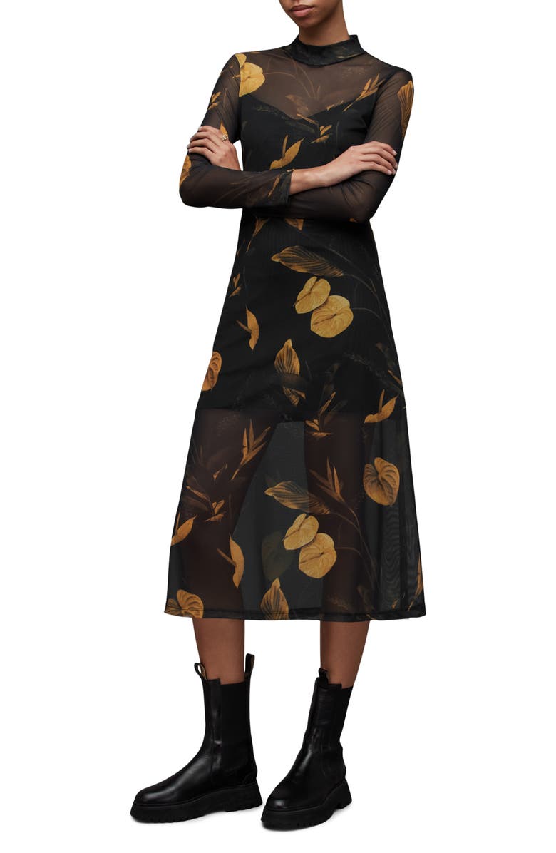 AllSaints Hanna Aretha Long Sleeve Mesh Midi Dress, Alternate, color, 