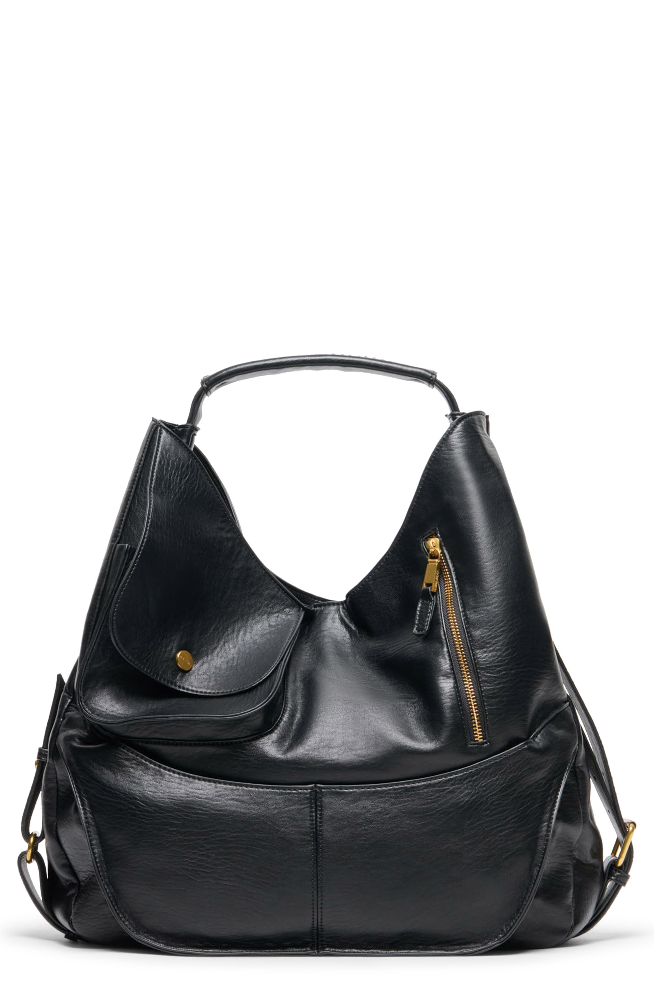 Stowaway Faux Leather Utility Tote, Main, color, BLACK