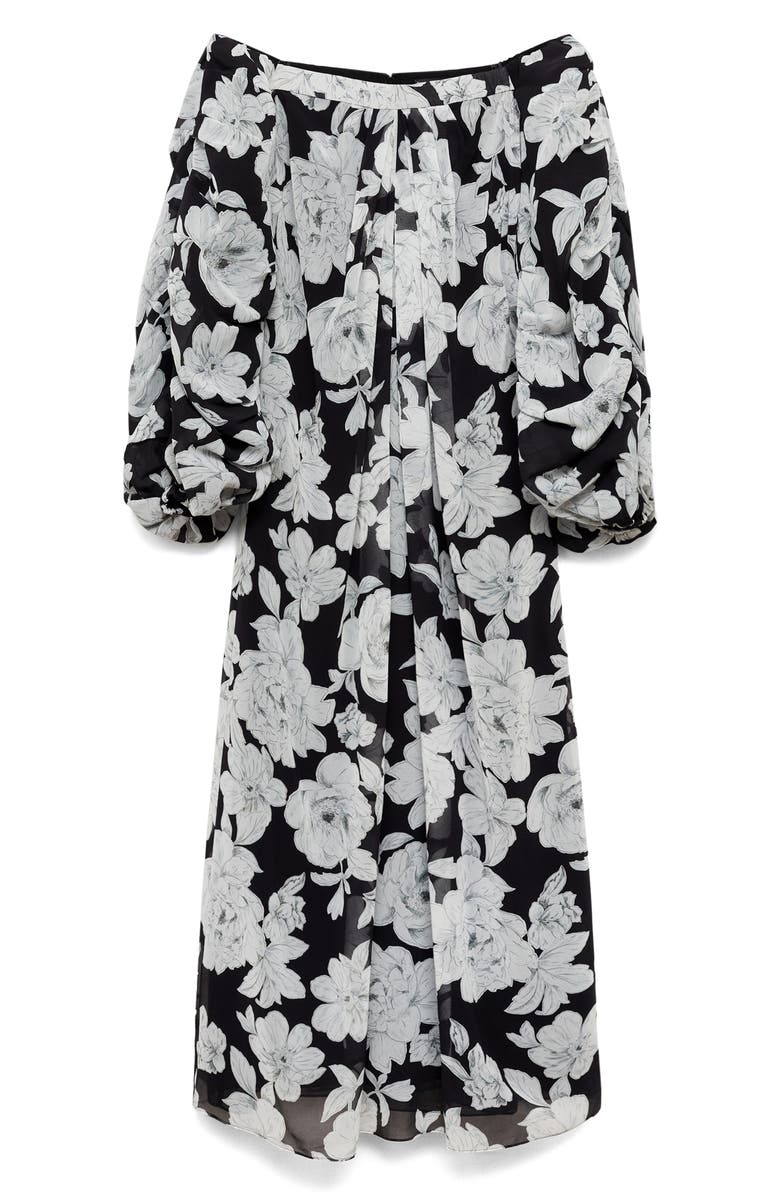 MANGO Floral Off the Shoulder Long Sleeve Maxi Dress, Alternate, color, Black