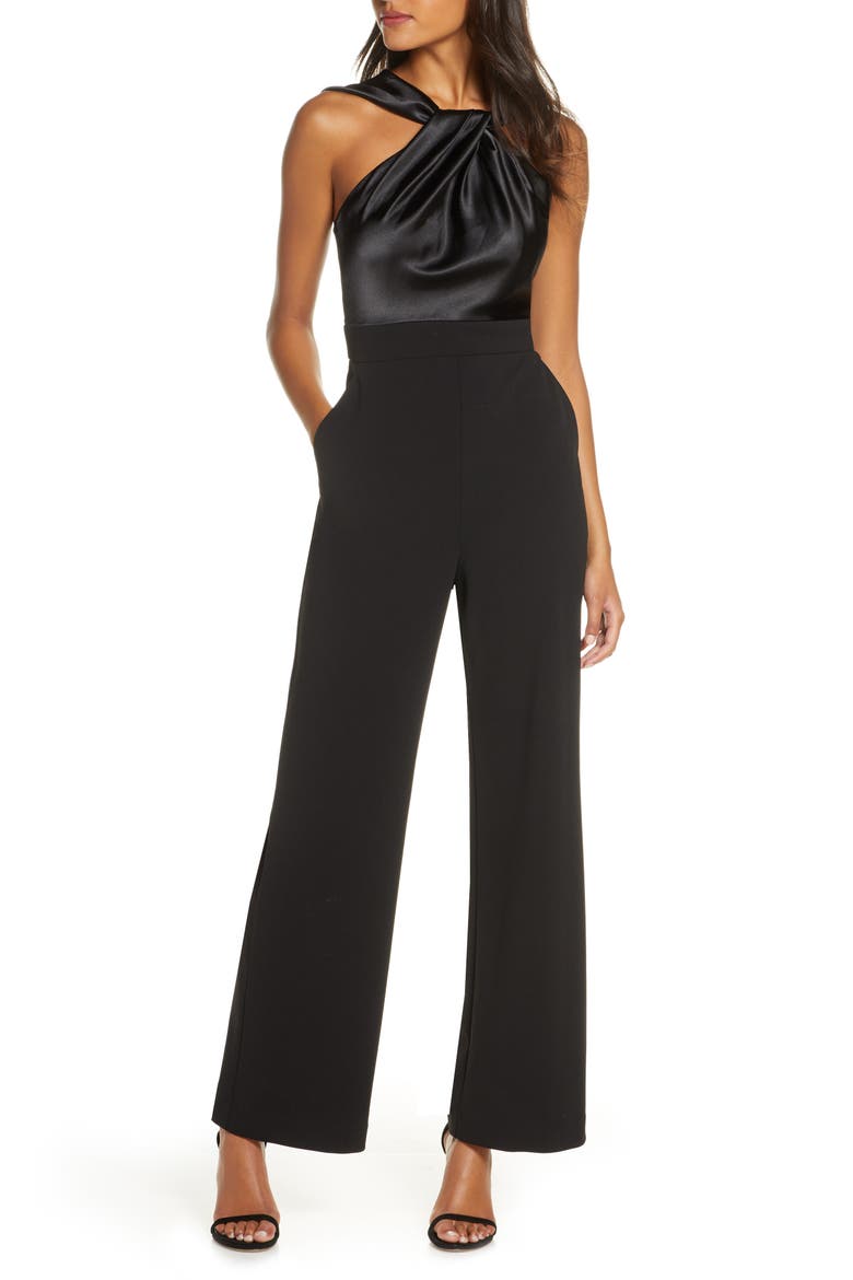 Twist Neck Satin & Crepe Jumpsuit, Main, color, BLACK