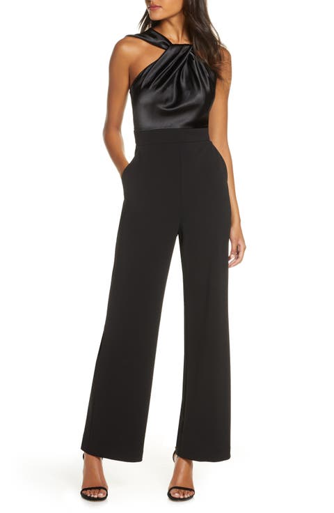 Twist Neck Satin & Crepe Jumpsuit