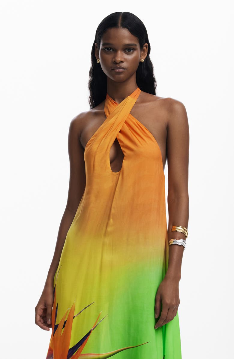 Desigual Halter Maxi Cover-Up Dress, Alternate, color, Orange Multi