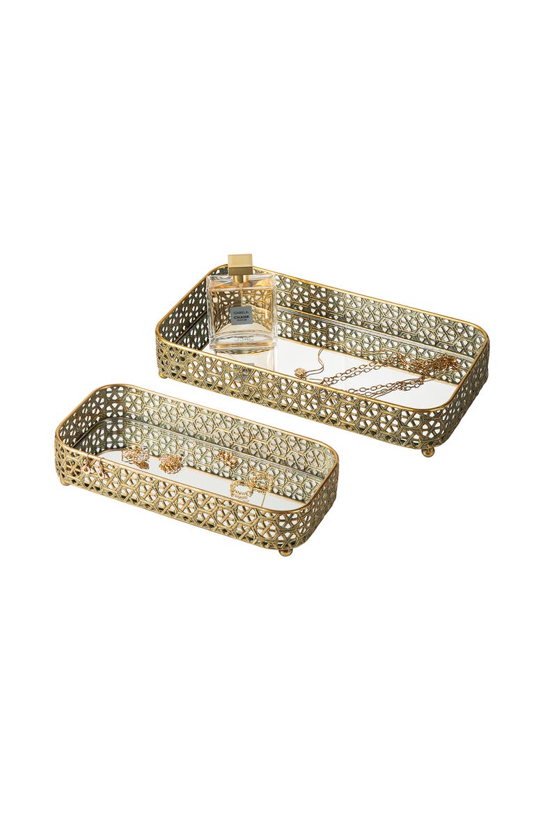 Glitzhome Set of 2 Rectangle Metal Gold Mirrored Decorative Trays, Alternate, color, Gold