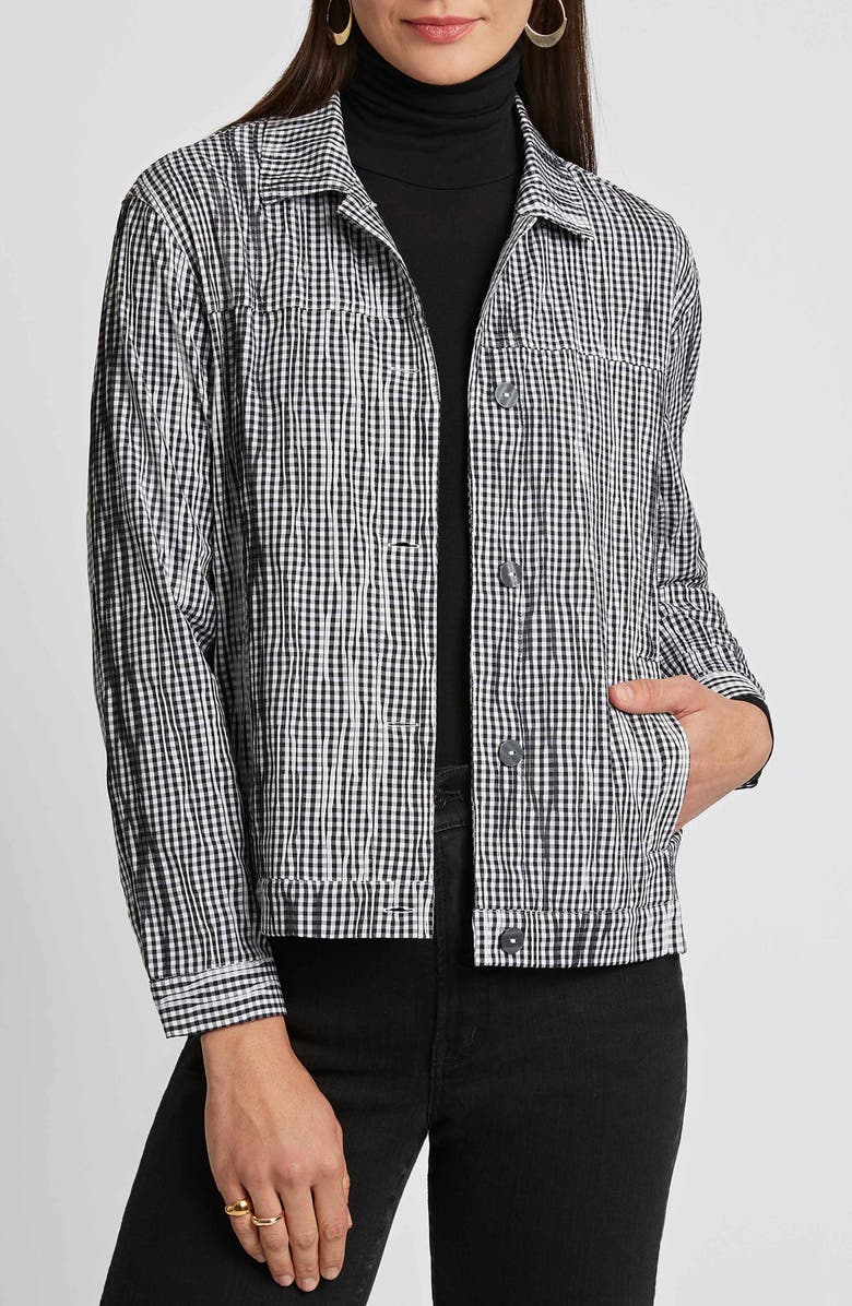 Foxcroft Thelma Crinkle Cotton Blend Gingham Jacket, Main, color, Black/ White