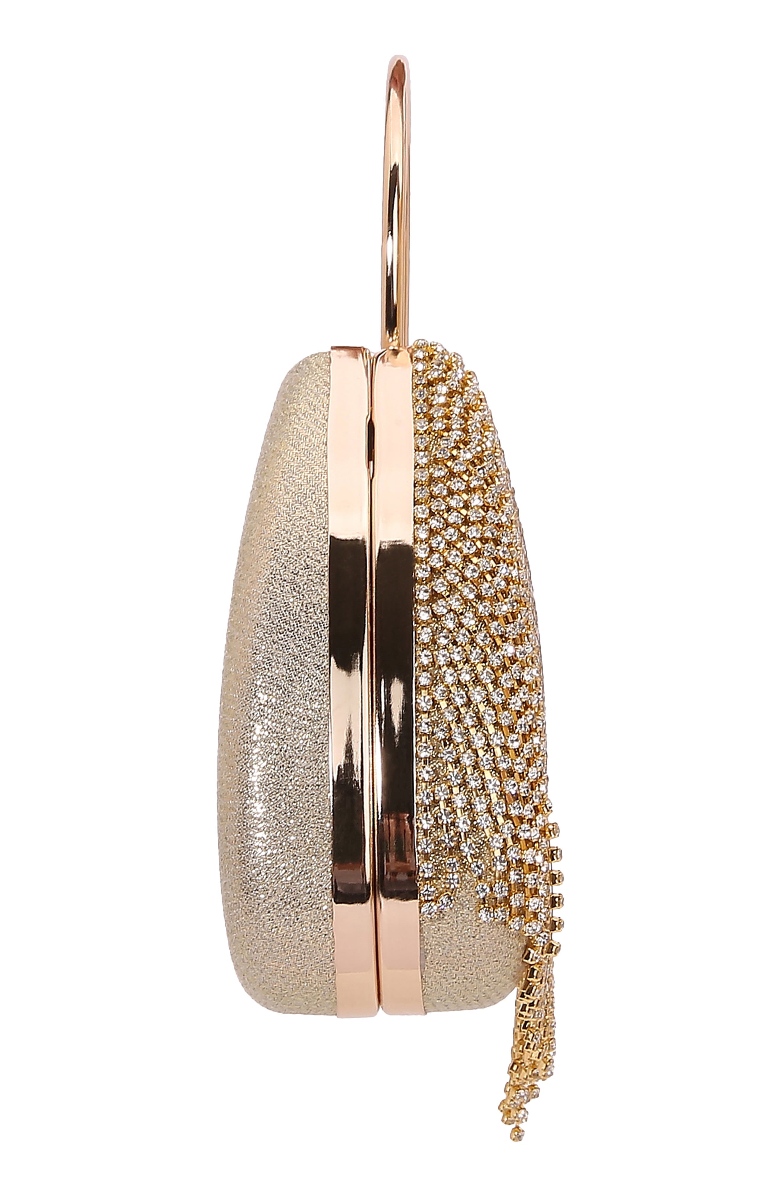 Circle Handle Rhinestone Fringe Clutch, Alternate, color, GOLD