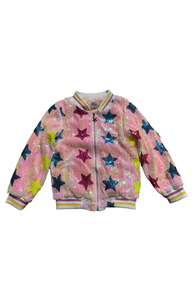 Lola + The Boys Rainbow Stars Sequin Bomber, Main, color, 