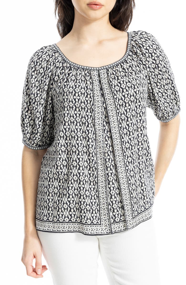 MAX STUDIO Puff Sleeve Top, Main, color, Black/ Cream Ornate Elegance