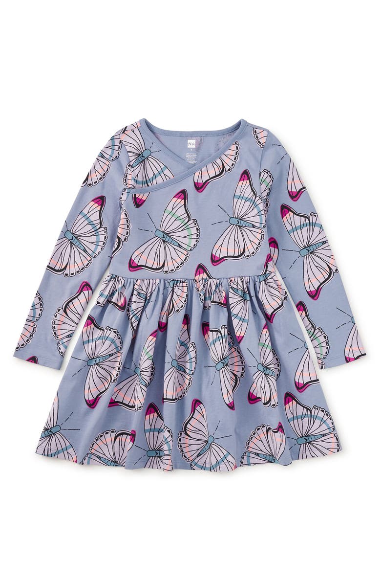 Tea Collection Long Sleeve Wrap Neck Dress, Main, color, Butterfly Dance