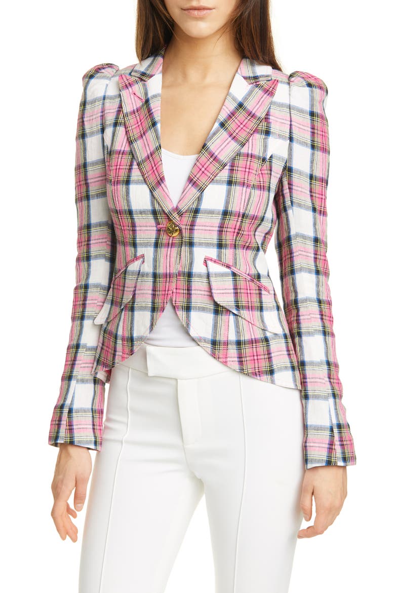 Plaid Puff Sleeve Linen Blazer, Main, color, MADRAS PLAID
