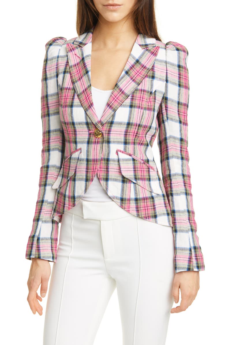 Smythe Plaid Puff Sleeve Linen Blazer, Main, color, 