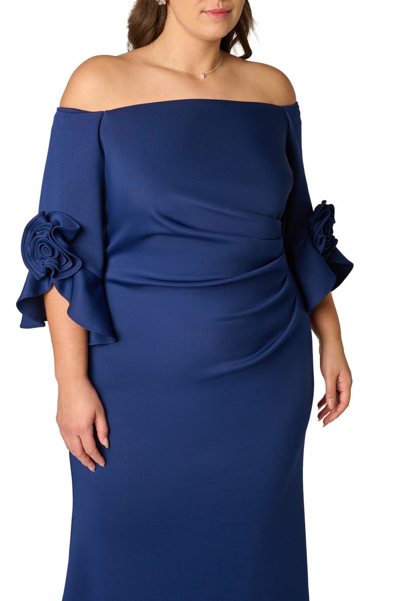 Rosette Off the Shoulder Scuba Crepe Gown, Alternate, color, NAVY SATEEN