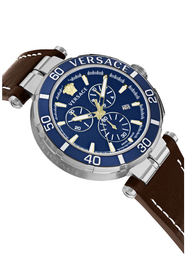 Greca Chronograph Leather Strap Watch, 45mm, Alternate, color, STAINLESS STEEL