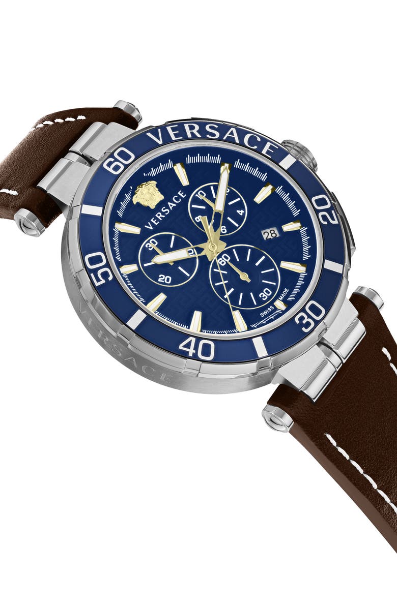 Versace Greca Chronograph Leather Strap Watch, 45mm, Alternate, color, Stainless Steel