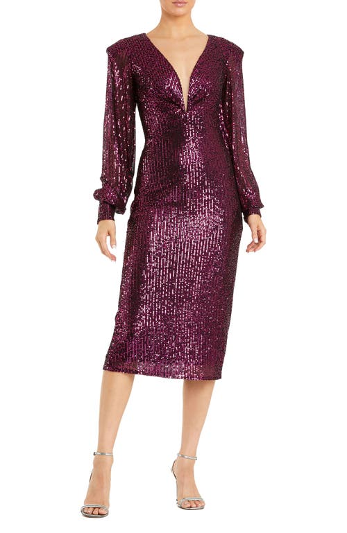 Mac Duggal Sequined Structured Bishop Sleeve Midi Dress In Purple