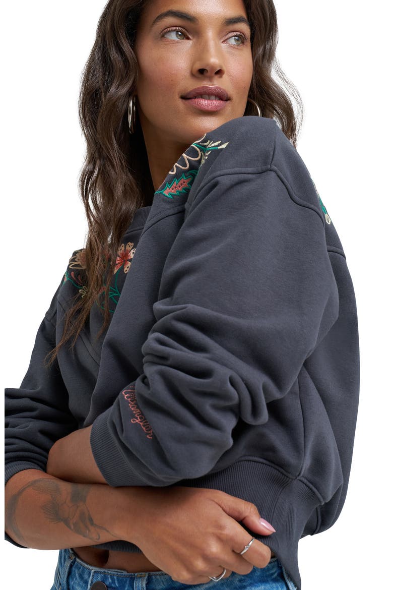 Floral Embroidered Yoke Sweatshirt, Alternate, color, FADED BLACK