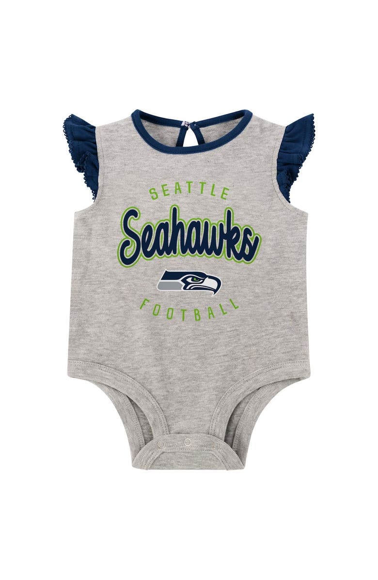 Outerstuff Girls Infant Heather Gray/Navy Seattle Seahawks All Dolled Up Three-Piece Bodysuit, Skirt & Booties Set, Alternate, color, 