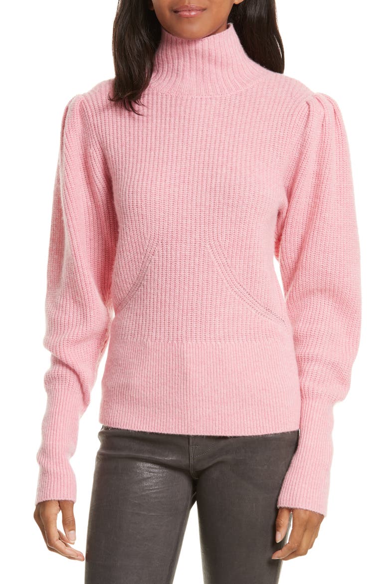 Wool & Cashmere Puff Sleeve Turtleneck Sweater, Main, color, SPANISH PINK