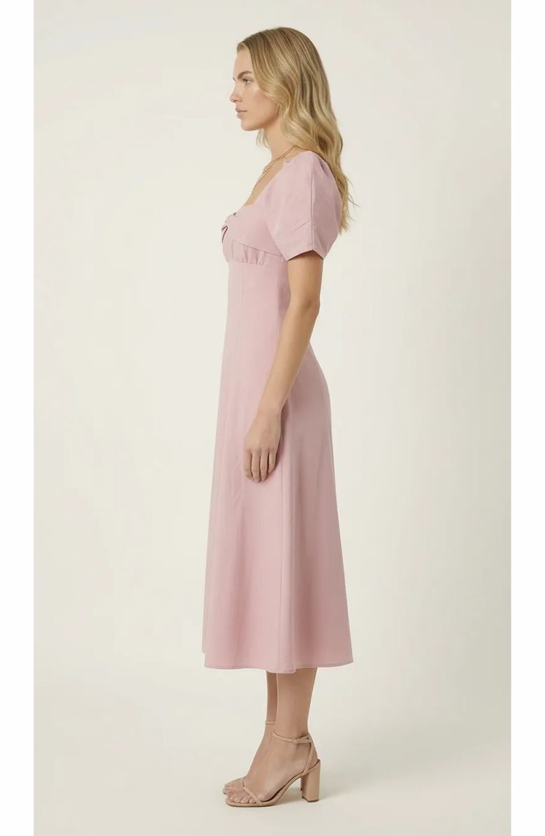 Modenaire Twist Front Puff Sleeve Midi Dress, Alternate, color, Dusty Rose