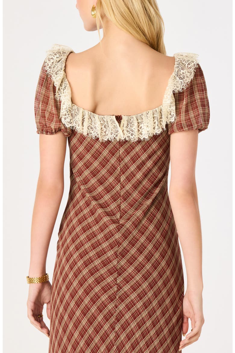 Edwardine Lace Trim Plaid Midi Dress, Alternate, color, WINE PLAID
