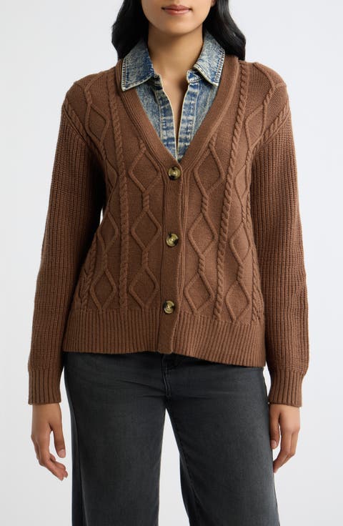 Denim Trim Cable Stitch Cardigan