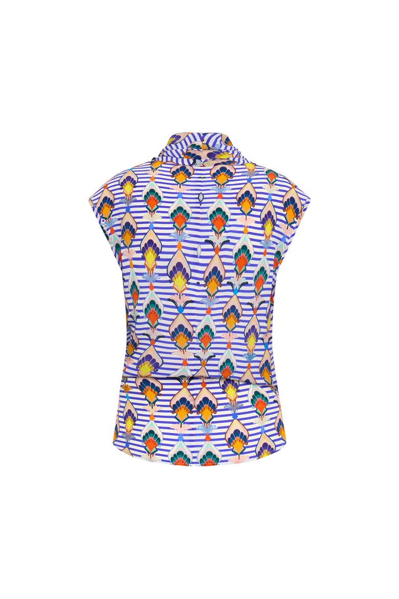 Printed Wrap Silk Top Streifen - Druck mit geometrischen Tulpen-Design, Alternate, color, White / Blue Multicolo