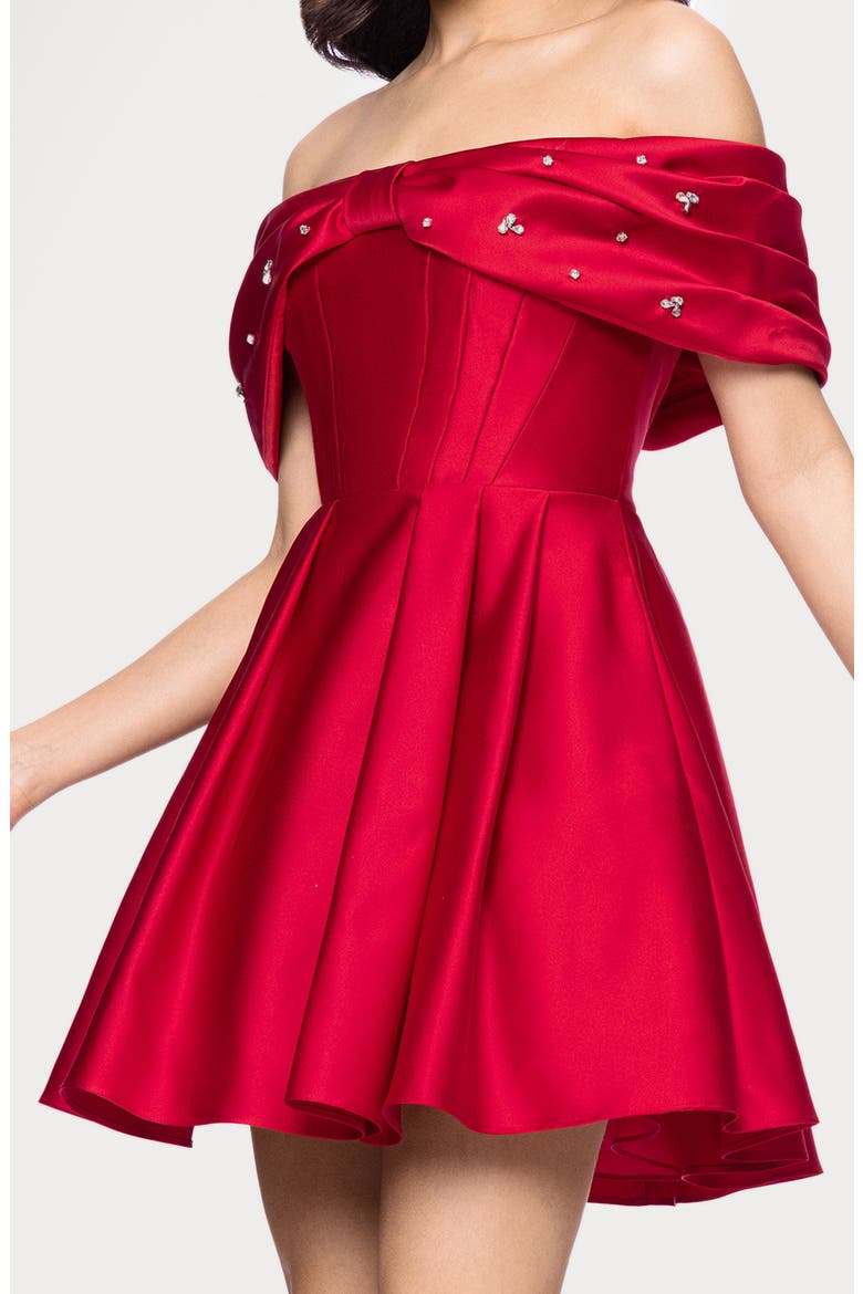 Rhinestone Bow Off the Shoulder Minidress, Alternate, color, RED
