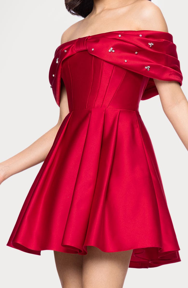 Blondie Nites Rhinestone Bow Off the Shoulder Minidress, Alternate, color, Red