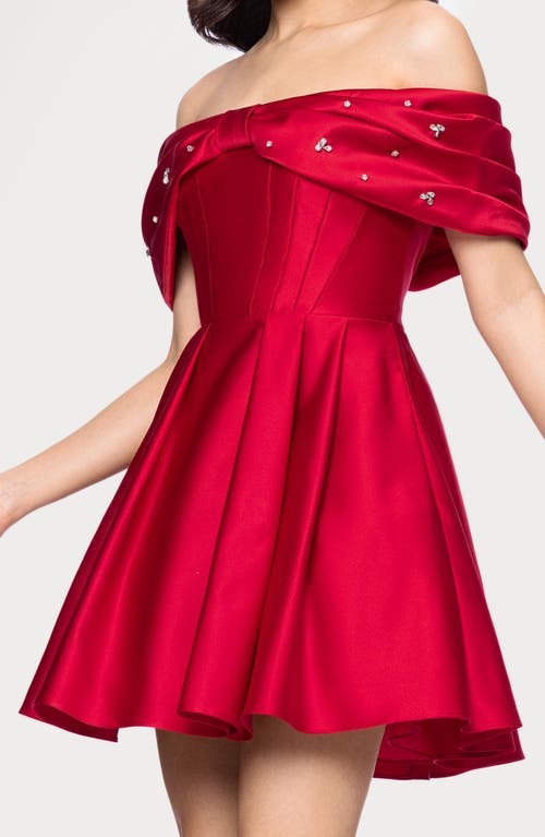 Blondie Nites Rhinestone Bow Off The Shoulder Minidress In Red