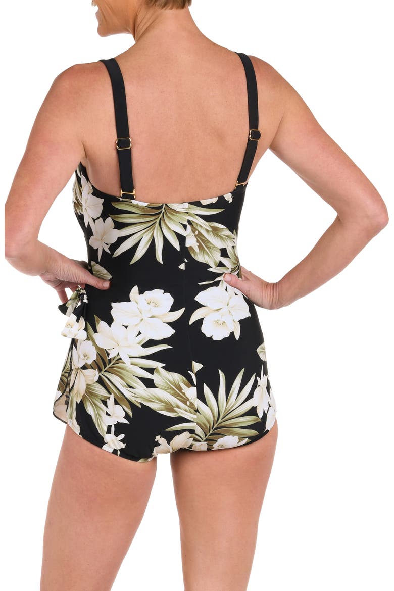 Greenery Bandeau Sarong One-Piece Swimsuit, Alternate, color, BLACK