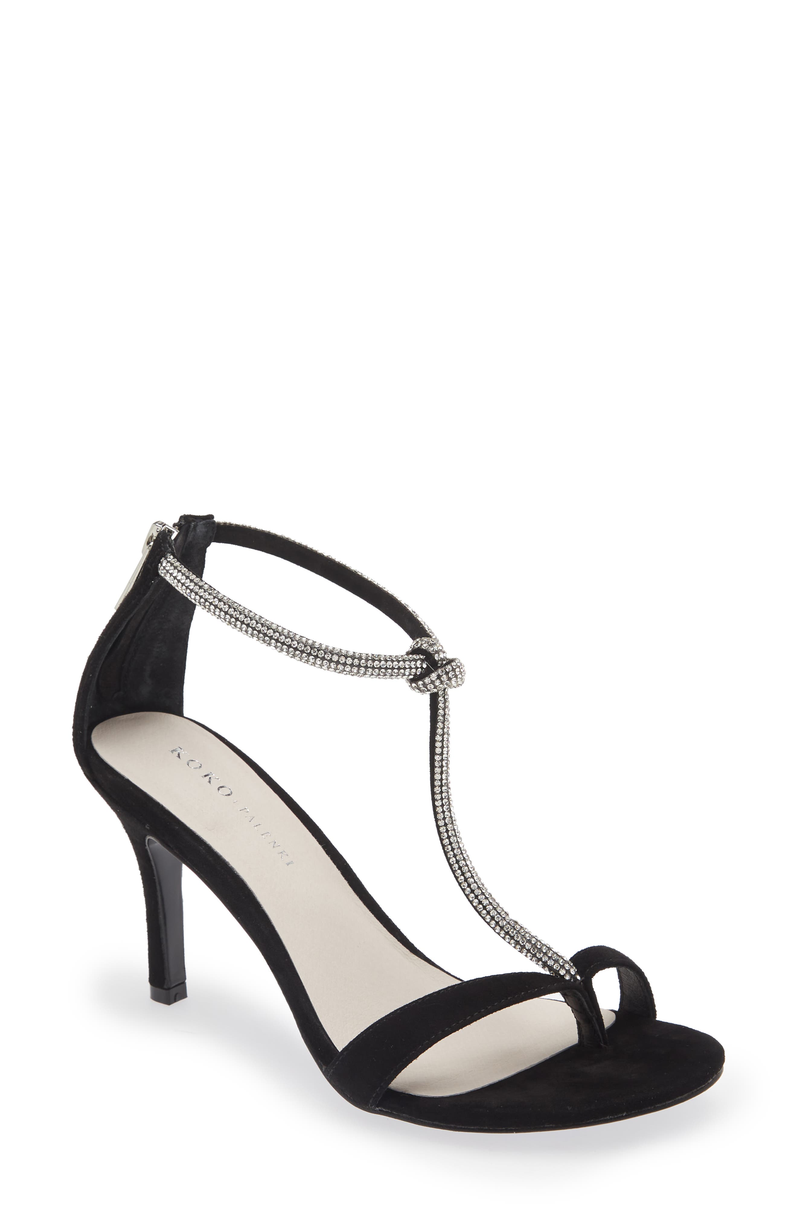 KOKO + PALENKI Odette Pavé Crystal T-Strap Sandal, Main, color, Black Suede