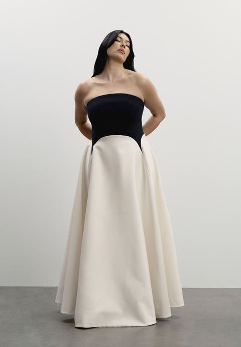 Strapless Color Blocked Satin Gown