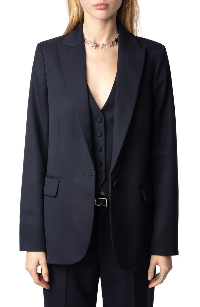 Zadig & Voltaire Valse Single Breasted Virgin Wool Grain de Poudre Blazer, Main, color,