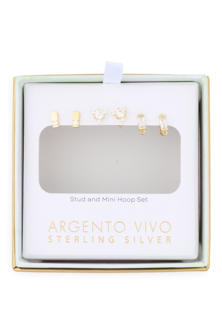 Set of 3 Cubic Zirconia Stud & Front/Back Earrings, Main, color, GOLD