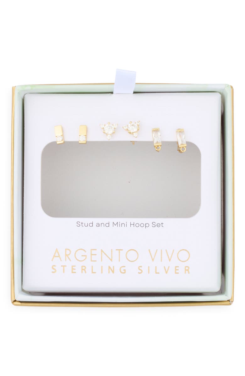 ARGENTO VIVO Set of 3 Cubic Zirconia Stud & Front/Back Earrings, Main, color, Gold