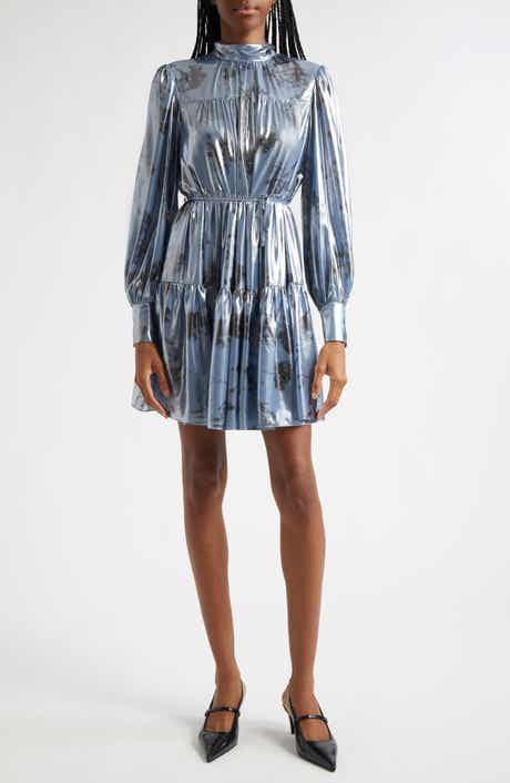 Cinq à Sept Farha Metallic Floral Long Sleeve Tiered Dress