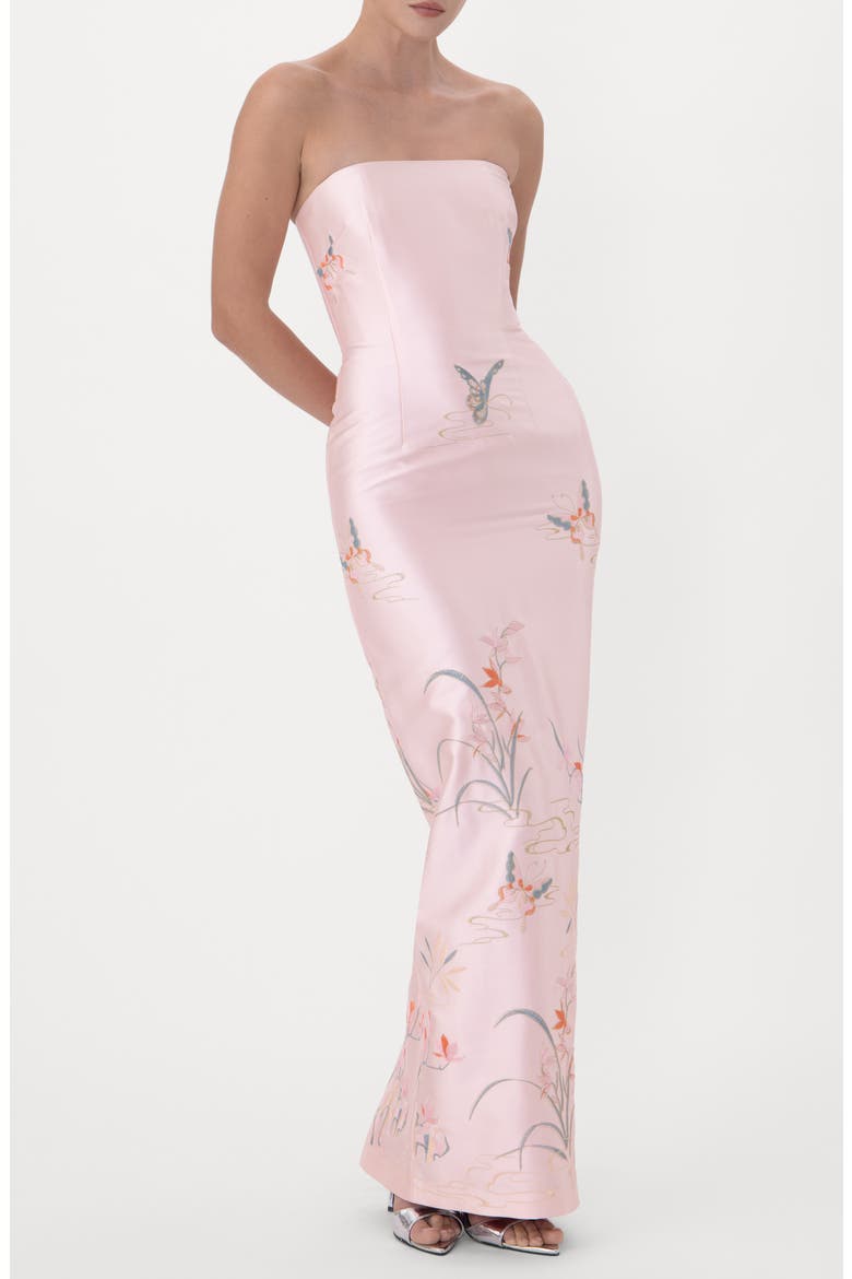 Ilsa Embroidered Strapless Satin Gown, Alternate, color, PINK MULTI