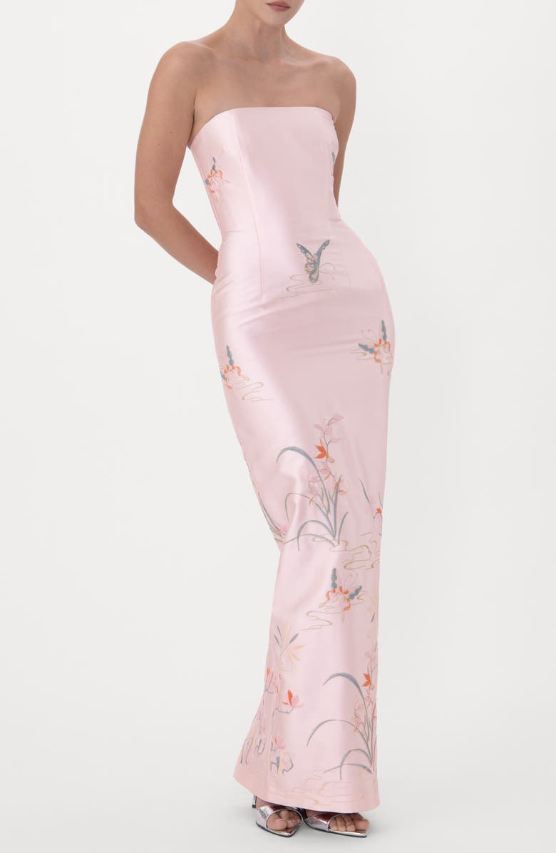 SAU LEE Ilsa Embroidered Strapless Satin Gown, Alternate, color, Pink Multi