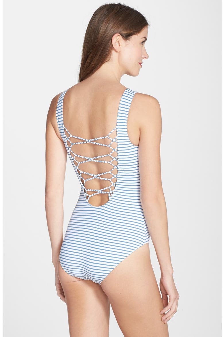 Lattice Back Stripe One-Piece Swimsuit, Main, color, CHAMBRAY