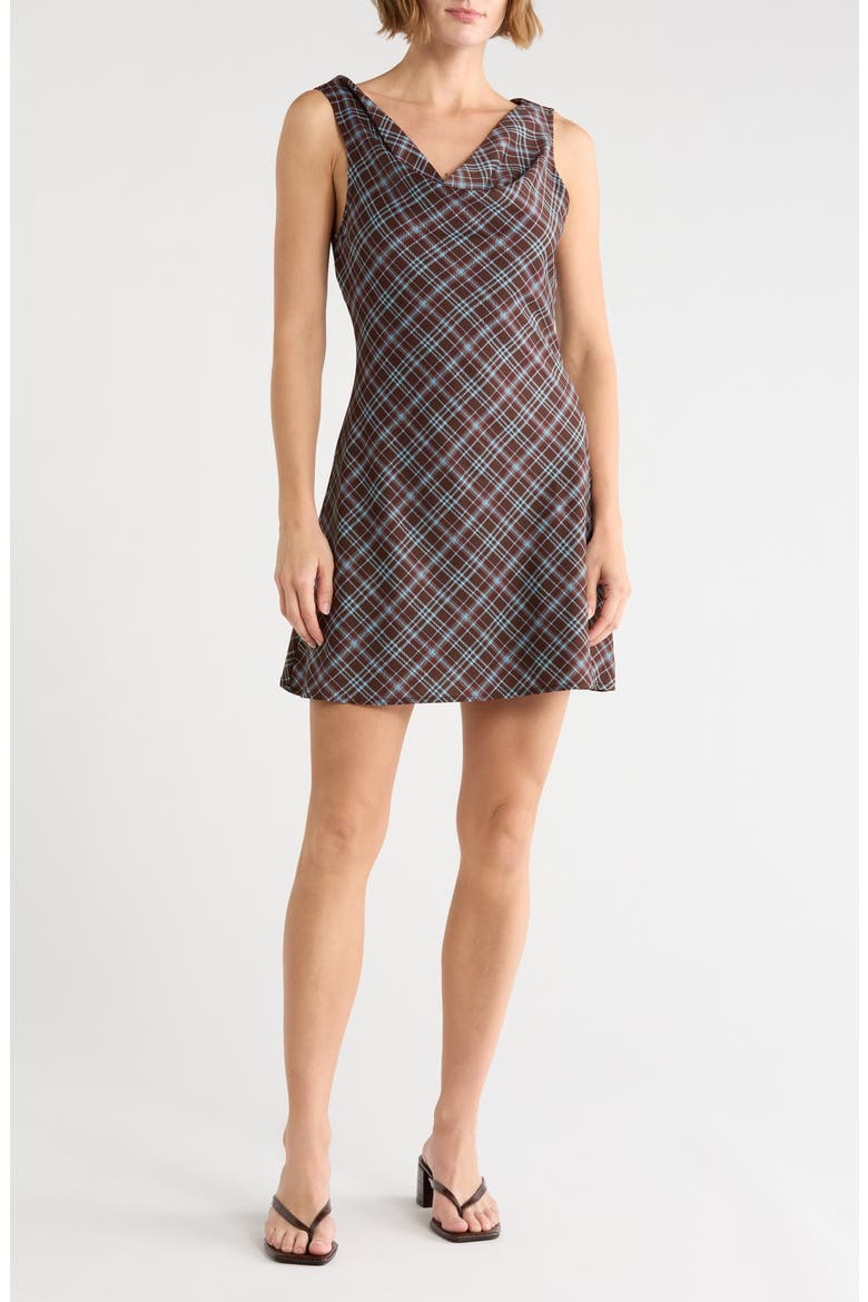 Plaid Cowl Neck Minidress, Main, color, BROWN FLORAL