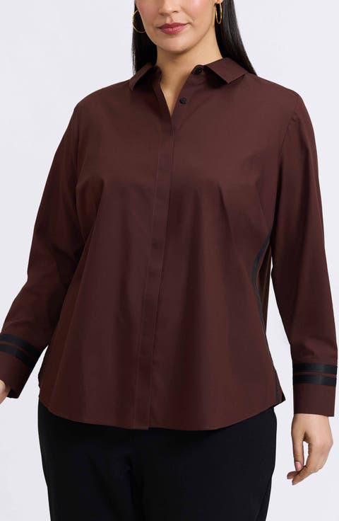 Brooke Non-Iron Grosgrain Trim Cotton Button-Up Shirt (Plus)