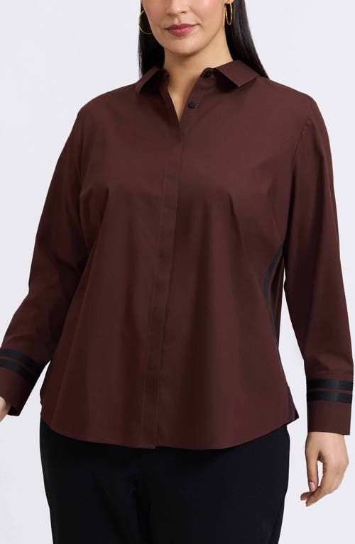 Foxcroft Brooke Grosgrain Trim Cotton Button-up Shirt In Brown