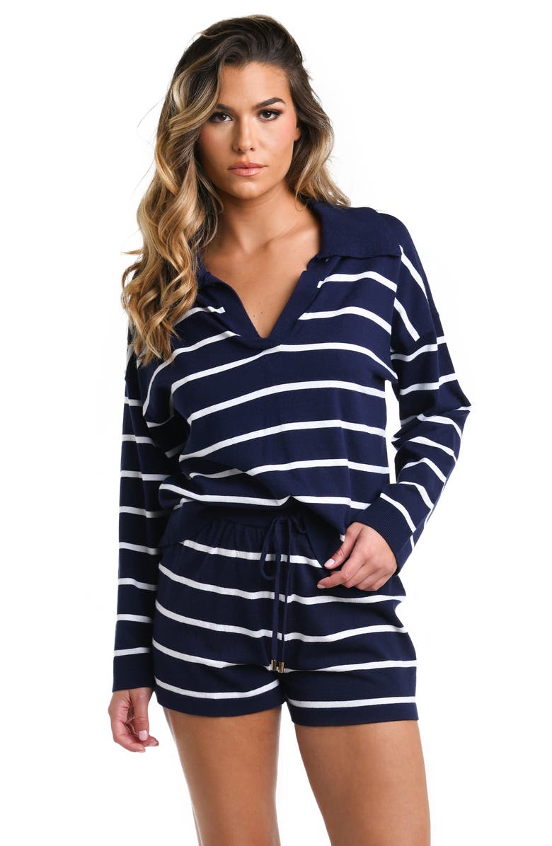 La Blanca Yacht Stripe Cover-Up Top, Alternate, color, Indigo