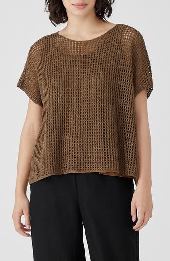 Eileen Fisher Open Stitch Short Sleeve Organic Linen Sweater