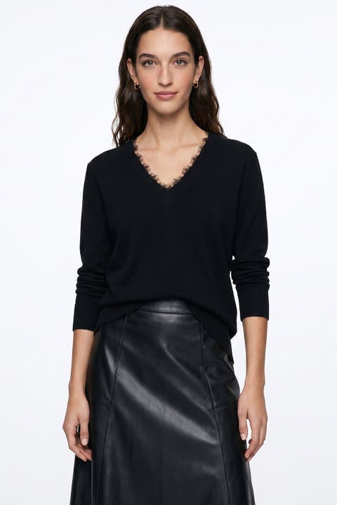 Long Sleeve V Neck Knit Blouse With Lace Trim
