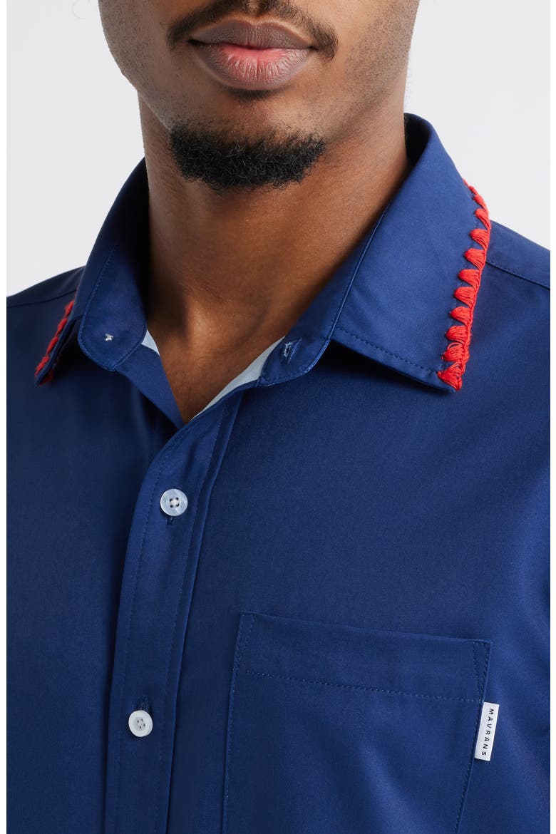 Weekend Crochet Trim Short Sleeve Performance Button-Up Shirt, Alternate, color, NAVY