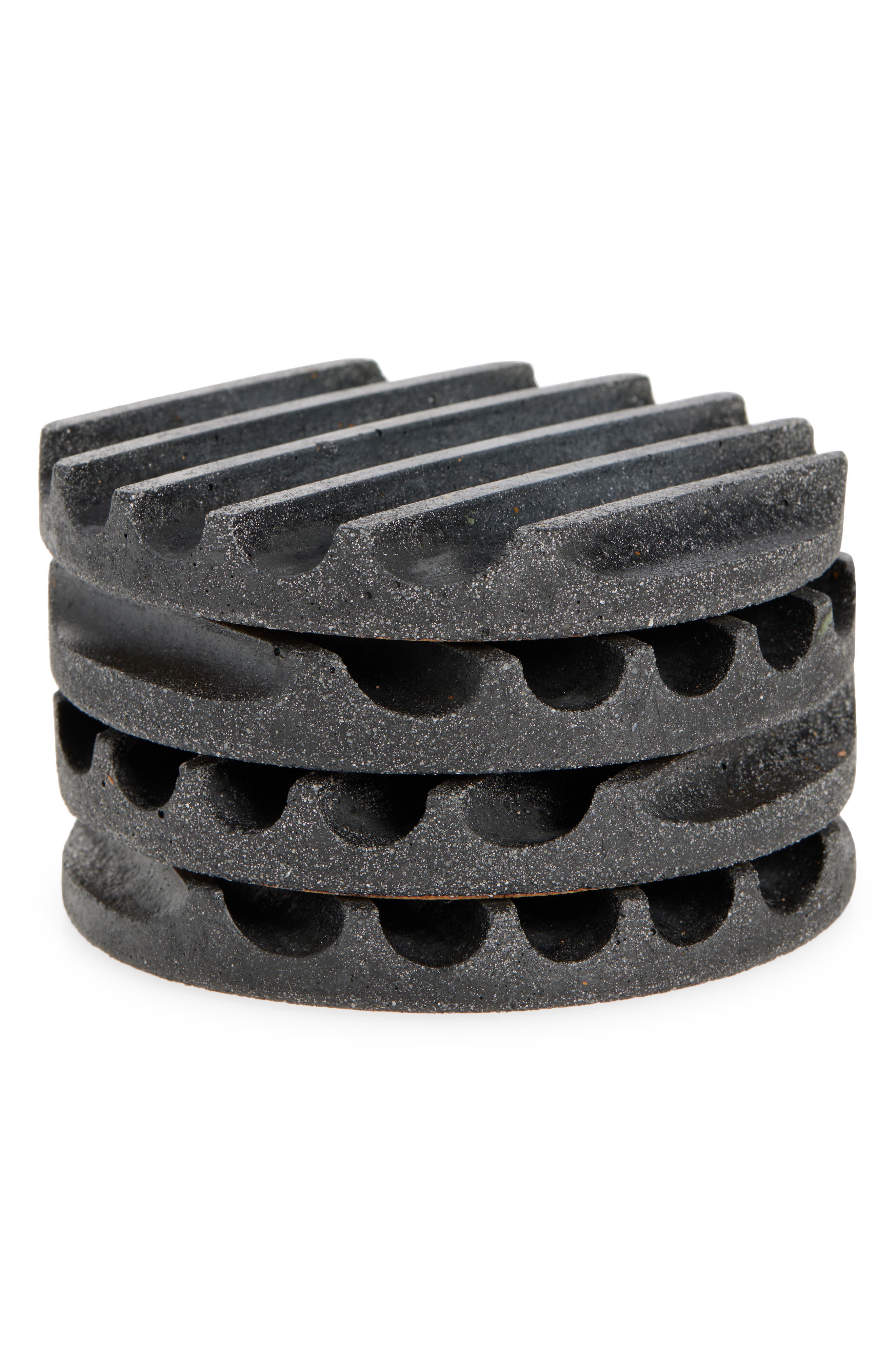 Pretti.Cool Set of 4 Ridged Concrete & Glass Coasters in Black Terrazzo 