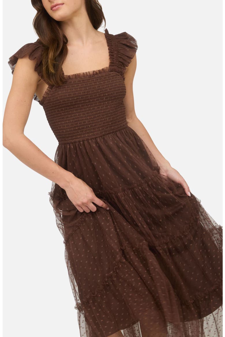 Mesh Smocked Tiered Midi Dress, Alternate, color, BROWN